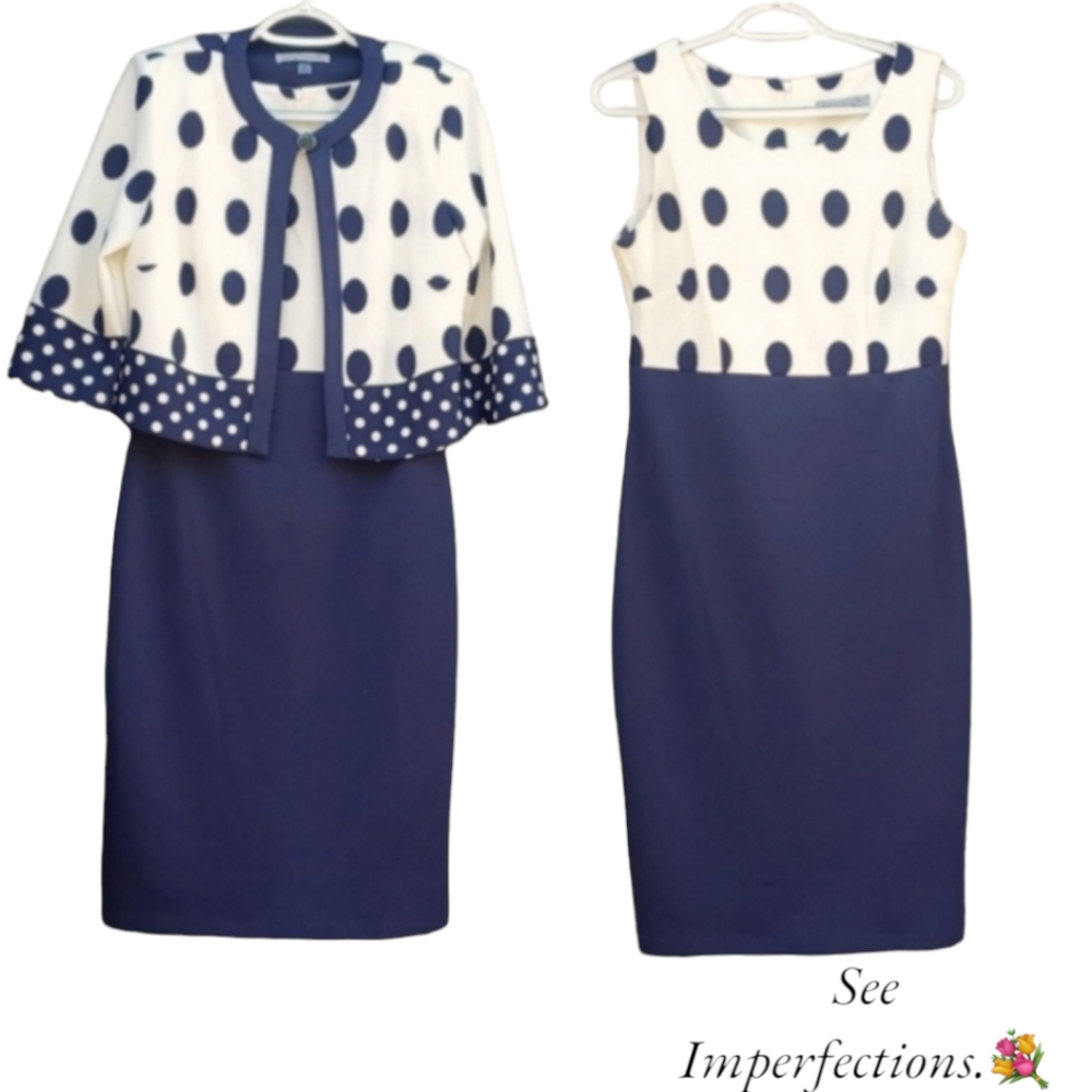 Danny & Nicole 2 PC Polkadot Blue Ivory/white Dress 8 Waffle Texture Imp…